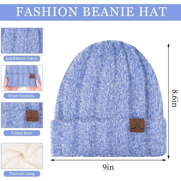 Women's Blue Warm Knit Beanie Hat Touchscreen Gloves Long Neck Scarf Set - Picture 2 of 6